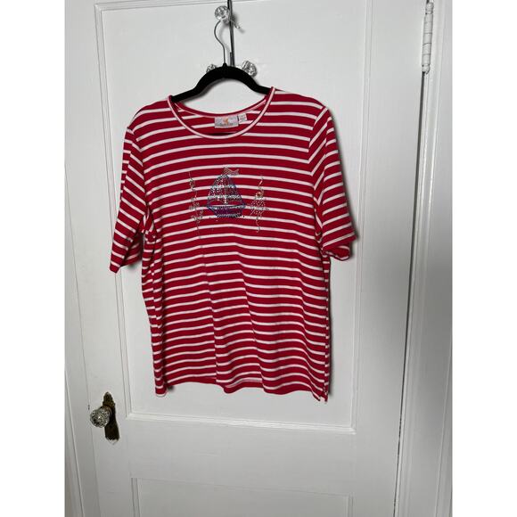 Quacker Factory Red Striped Short Sleeve Sailboat Embellished Sparkle T-shirt L - Picture 1 of 6